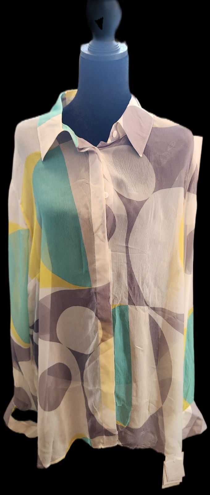 NWT Worth New York 100% Silk Blouse Sz XL Abstract Geometric Sheer White Taupe