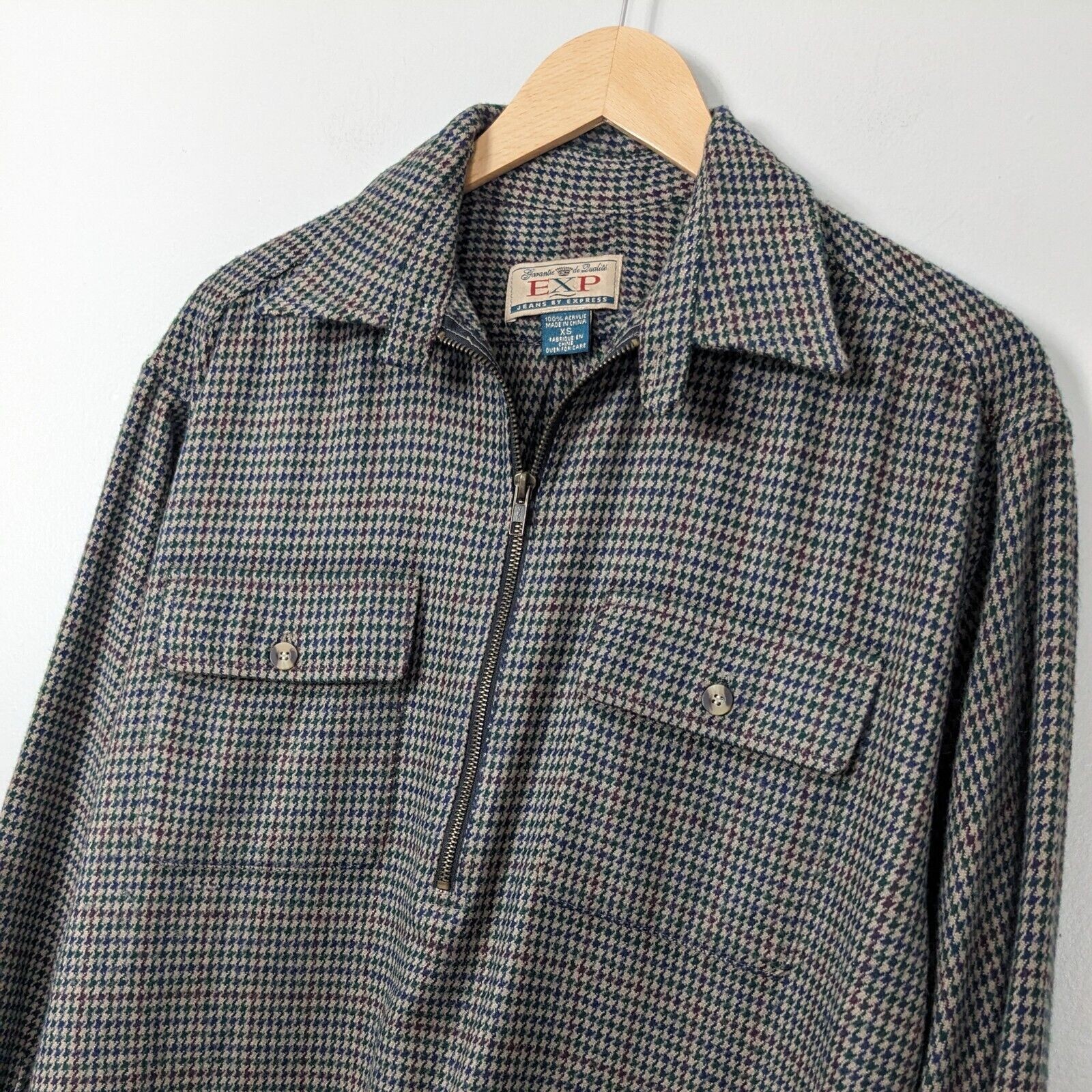 Vintage 90S 1/2 Zip Pullover Top Sweater Houndstooth Preppy Grunge Tan Blue XS