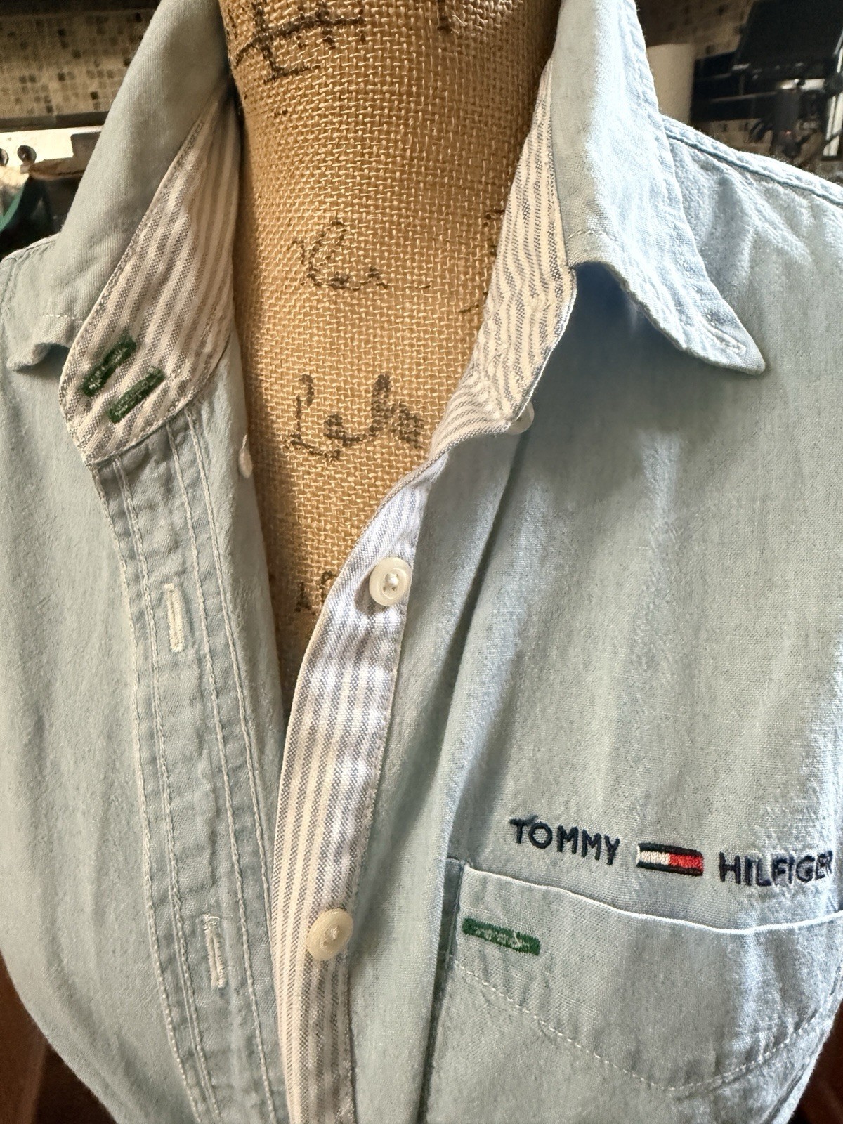 Vintage Tommy Jeans Women Denim Sleeveless Tie Front Button Down Shirt Top Y2K L