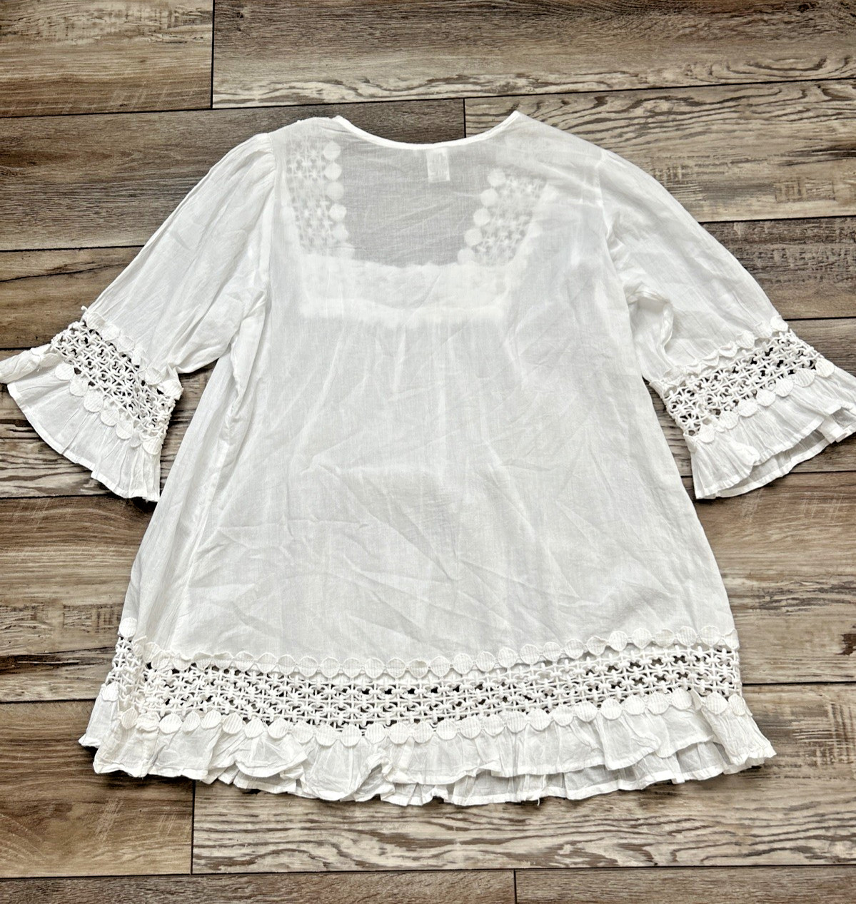 Cute Options Ladies XL Top Blouse Shirt White 3/4 Sleeve Ruffle Semi Sheer Boho