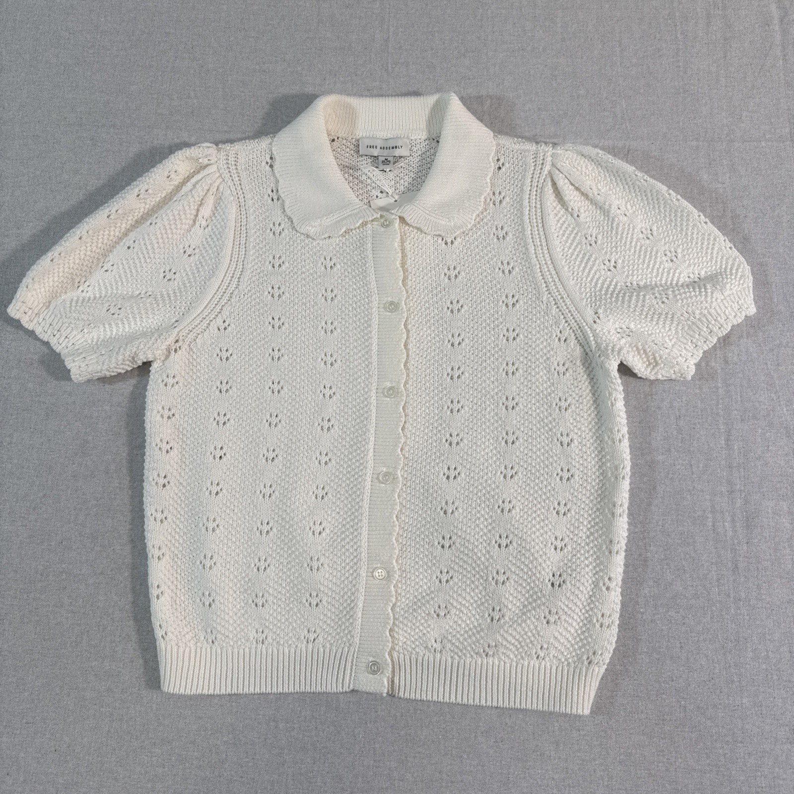 Cardigan M NWT Whimsical Crochet Eyelet Puff Sleeve Cottagecore Coquette Grandma