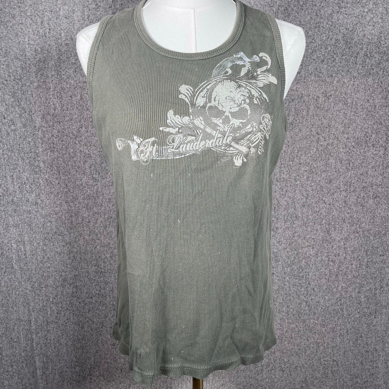 VTG Y2K Army Green Punk Skull Graphic Design Florida 100% Cotton Women’s Large