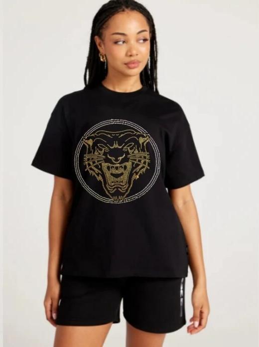 New Women Luxury Diamond Tiger Rhinestones Black White T-Shirt High Quality