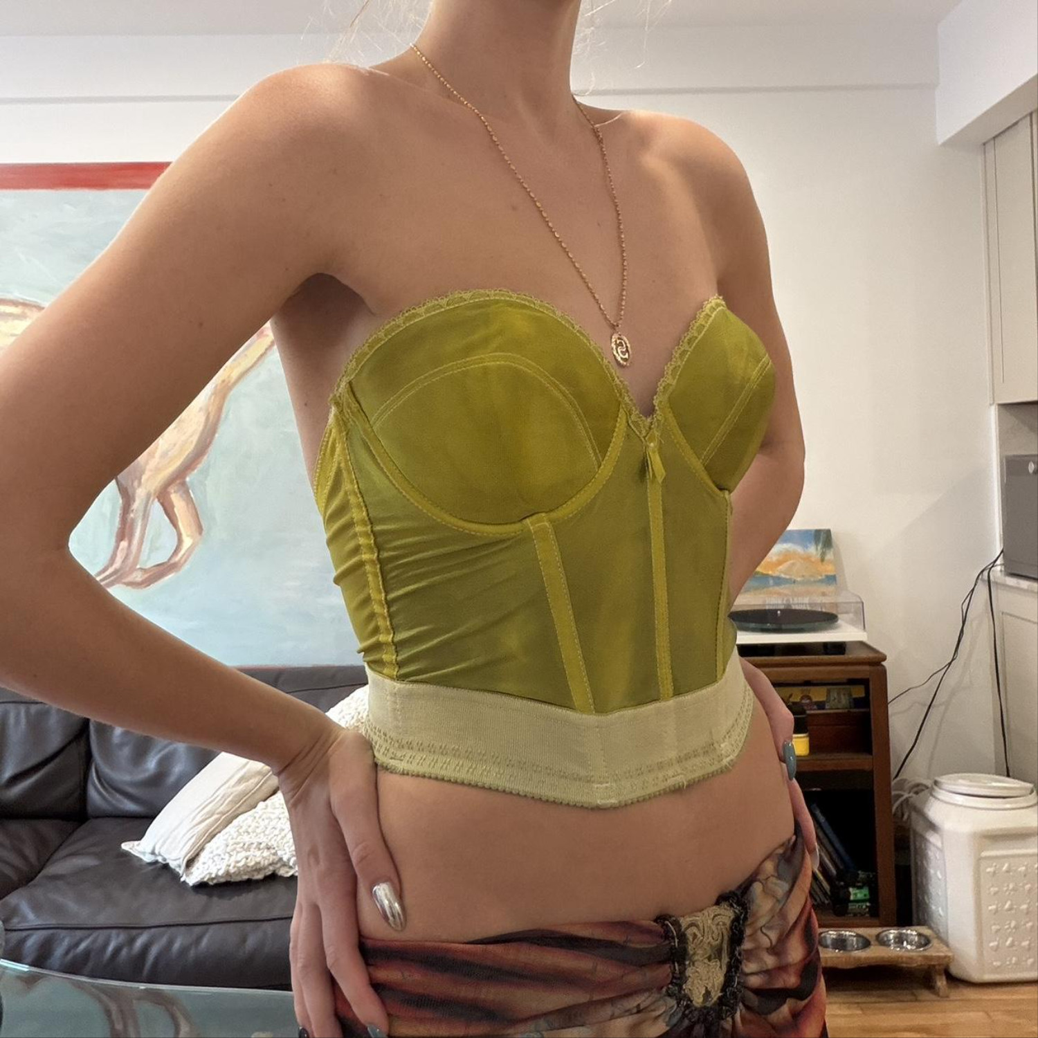 Unique Vintage Green Satin Corset Top Womens S Boned Lace Trim Y2K