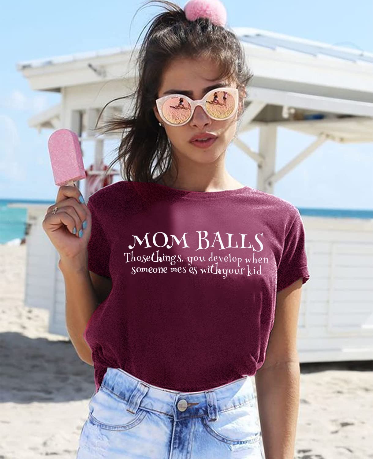 Mom Balls Letter Printed Graphic T-shirts Short Sleeve Tee Purple Size Small