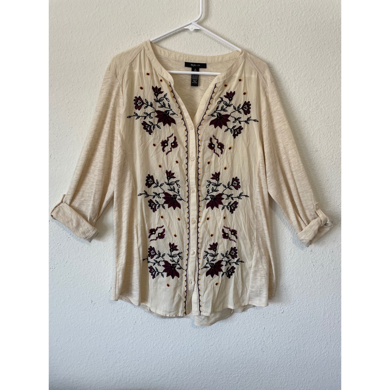 Style & Co Embroidered Blouse XL Ivory Boho Floral Long Sleeve Top