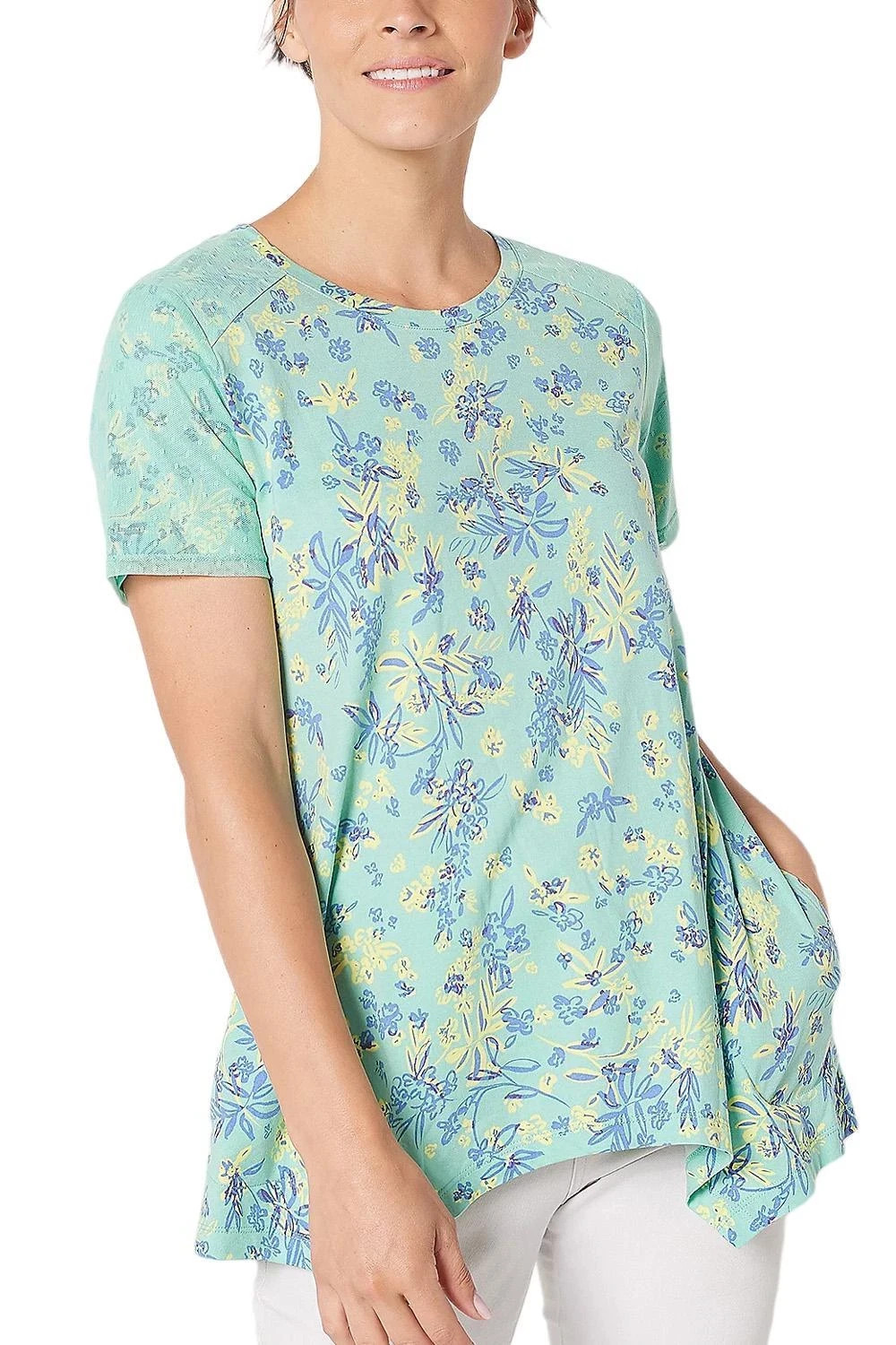 LOGO by Lori Goldstein Printed Top w/ Embroidered Mesh Sleeves Green Size XS