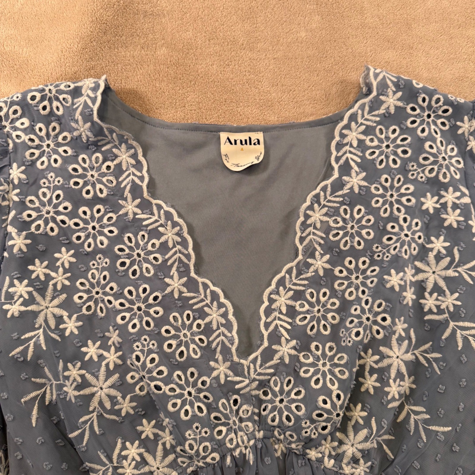 Arula Blue Eyelet Floral Swiss Dot Boho Cottagecore Fairycore Feminine Top Sz A