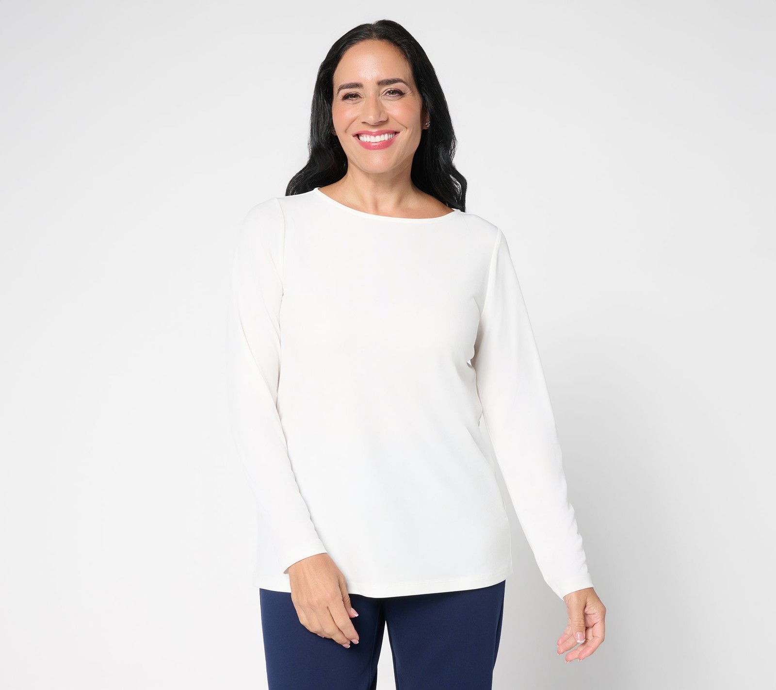 Susan Graver Modern Essentials Liquid Knit Bateau Neck Top Cream Petal XS New