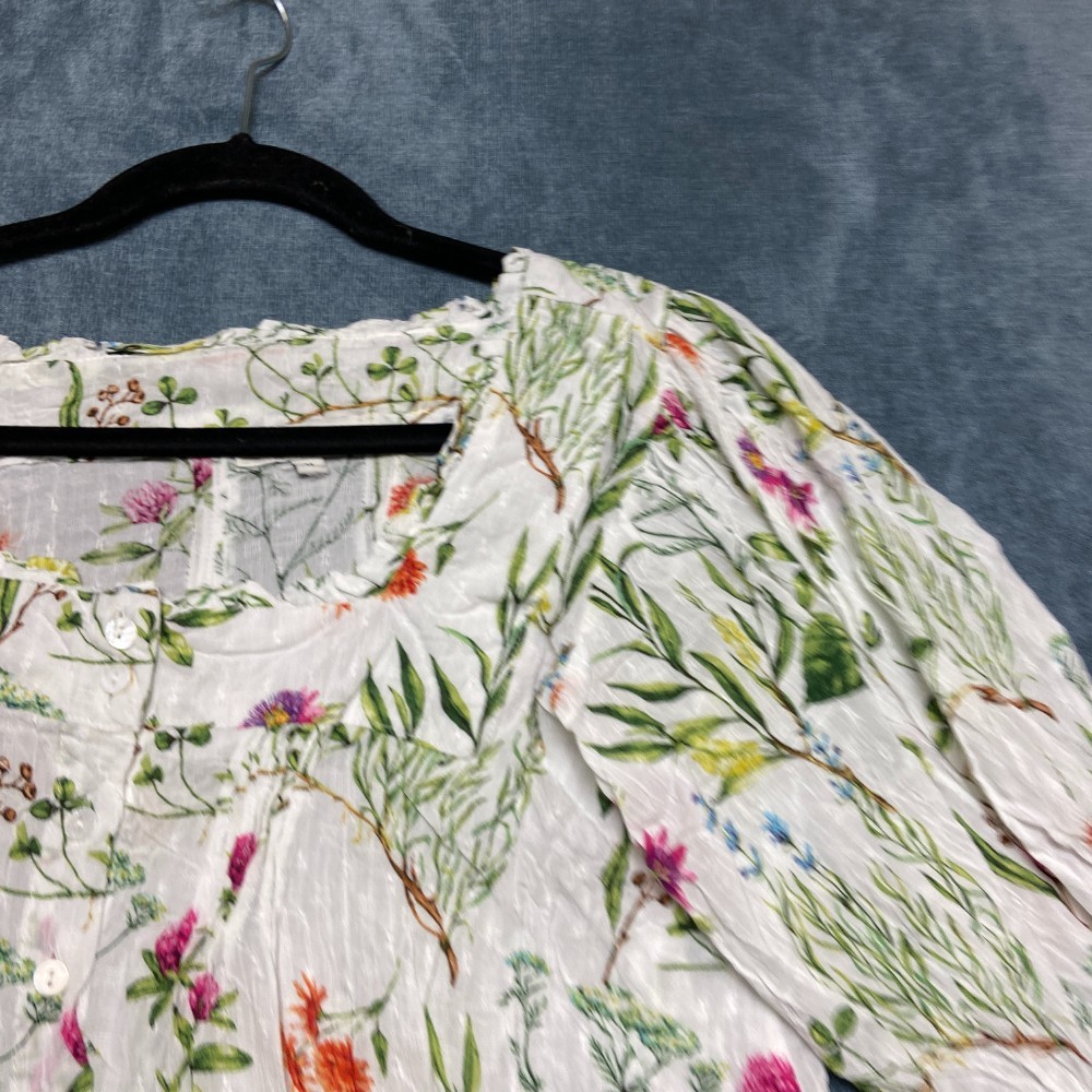 Rachel Zoe Blouse Top Women Medium White Floral Puff Sleeves Casual Button Front