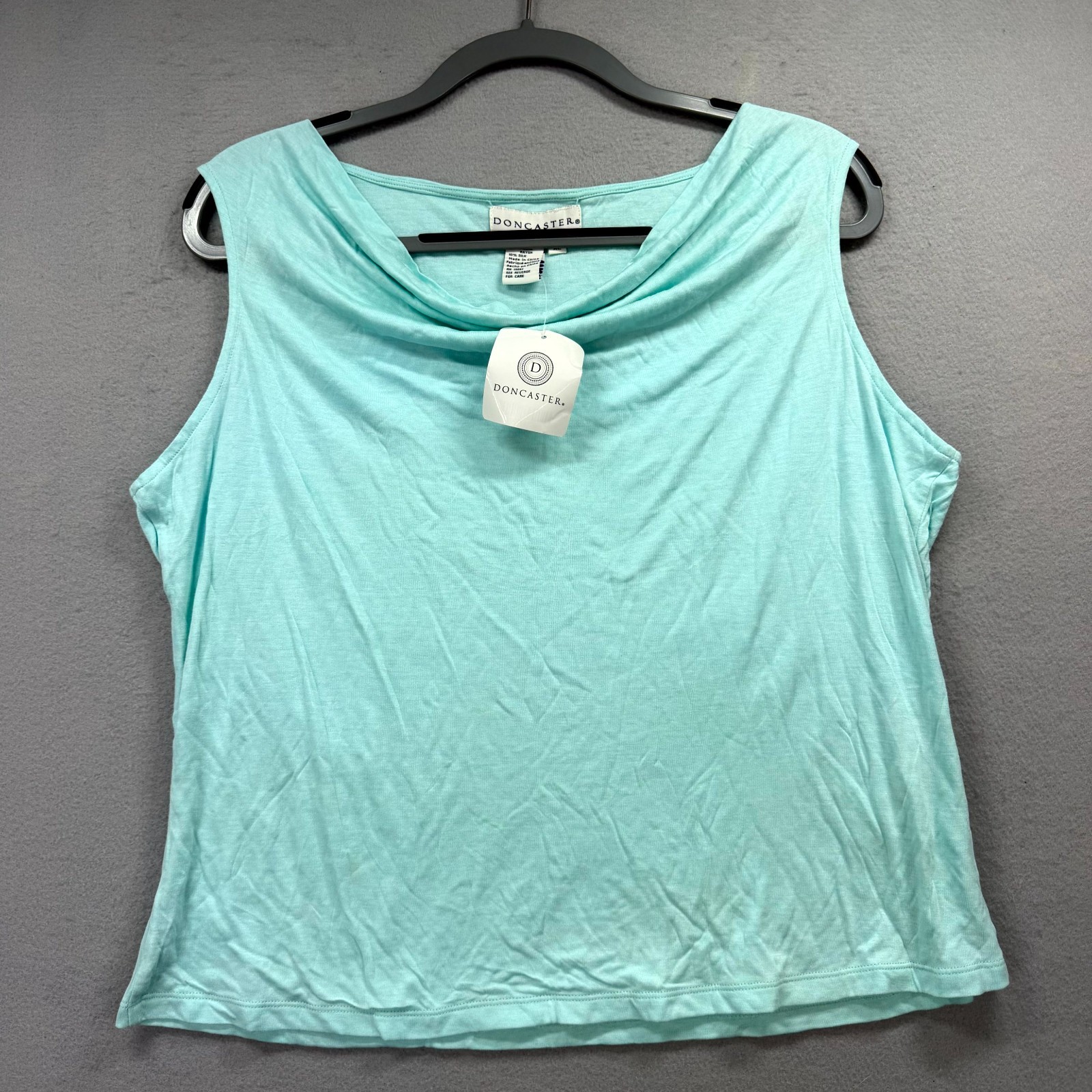 Doncaster Blouse Top Womens XL Aqua Blue Rayon Lightweight Sleeveless Cowl Neck