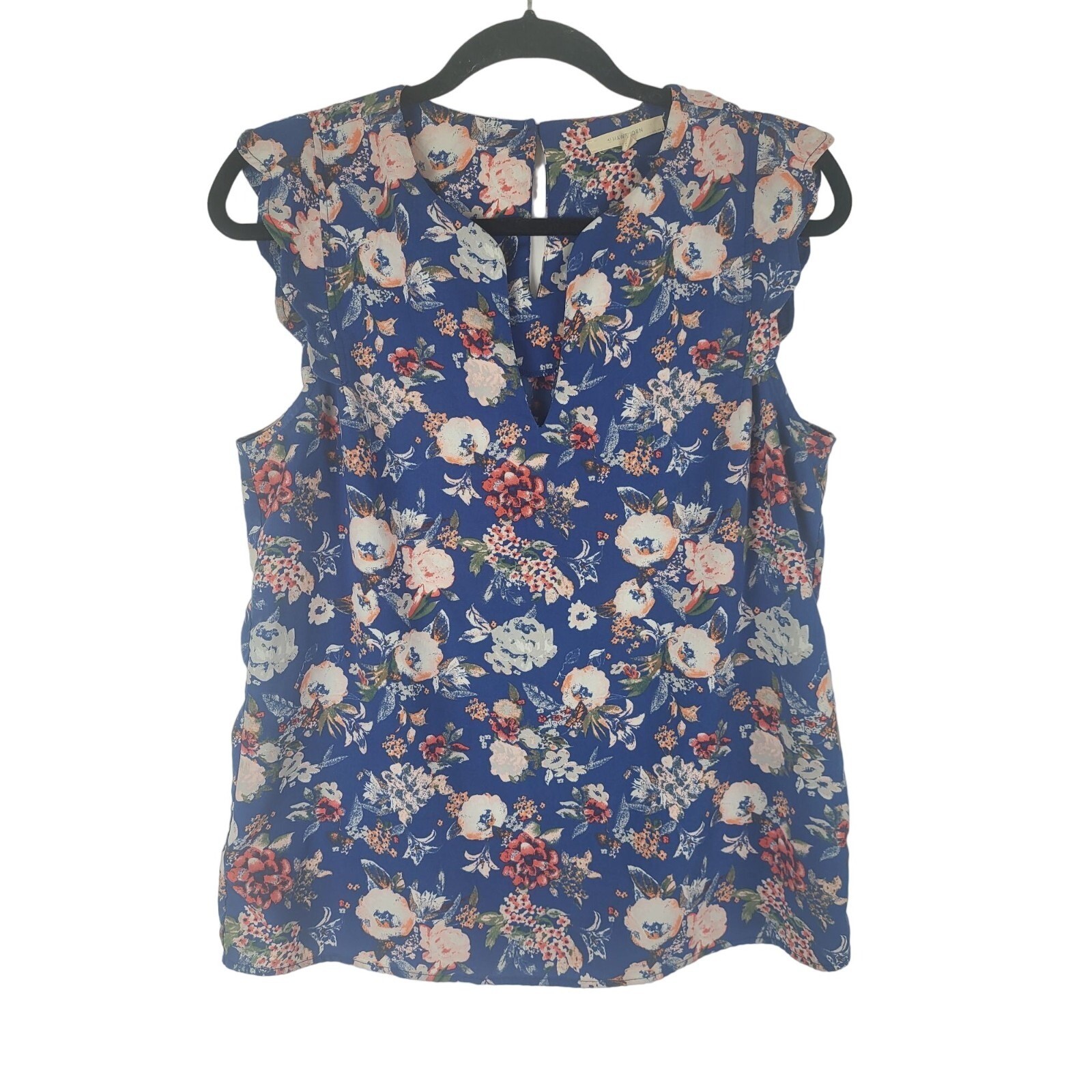 41 Hawthorne Scalloped Cap Sleeve Blouse M Womens Blue Floral V Neck Key Hole
