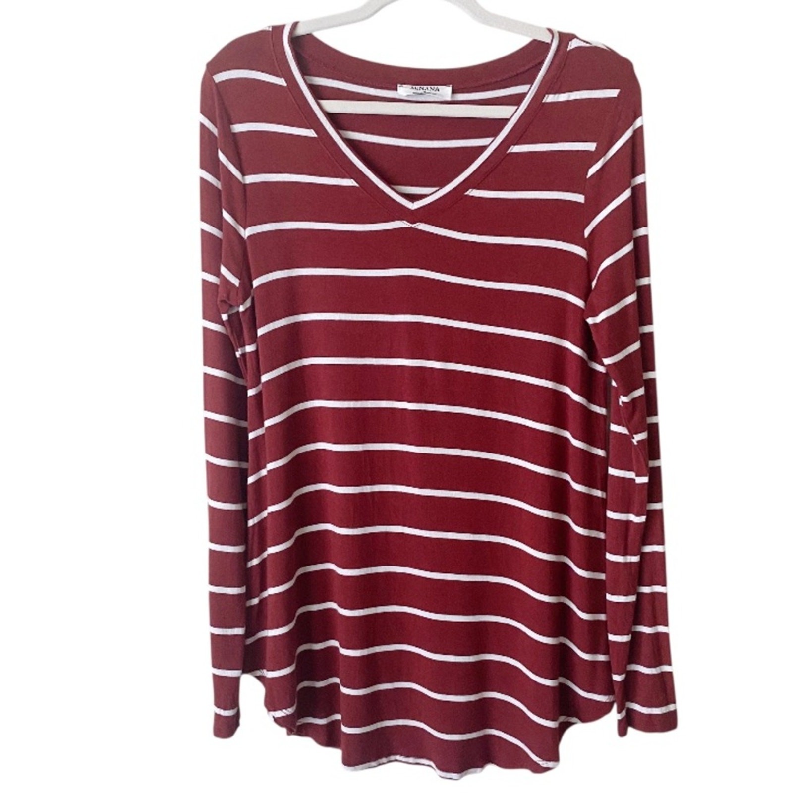 Zenana Long Sleeve Striped Tunic Top Shirt V-neck Casual Burgundy White Small