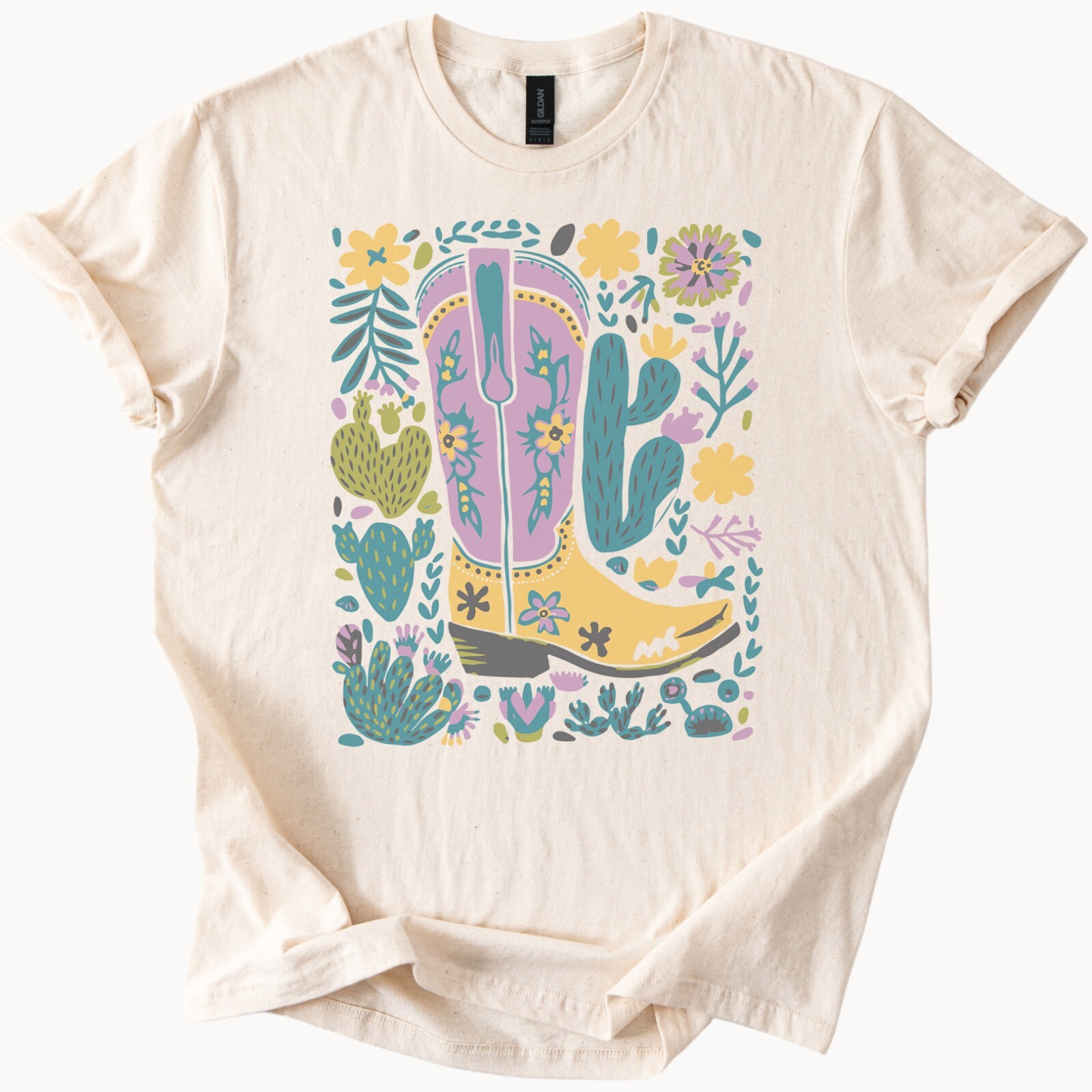 Colorful Cowboy Boot Graphic Tee with Cactus and Wildflower Western Art
