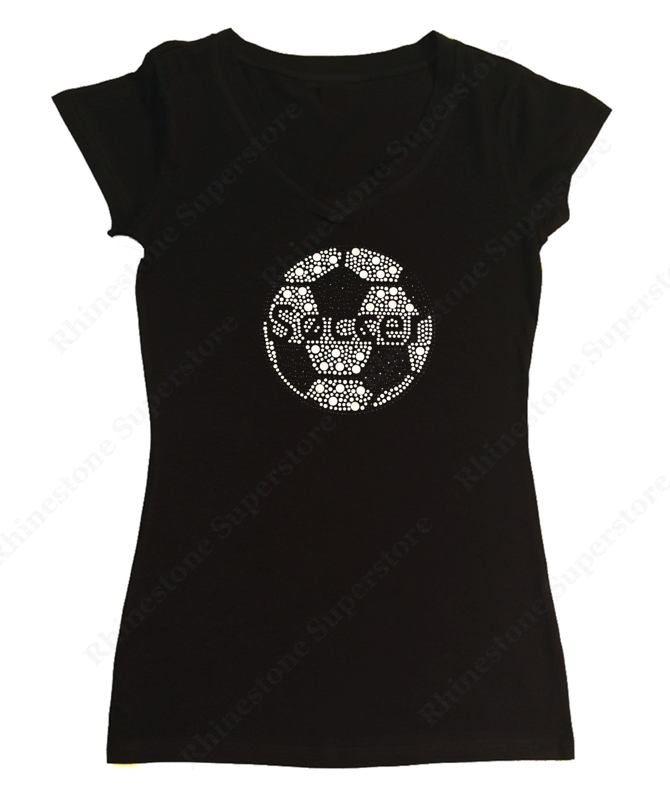 Women’s Rhinestud T-Shirt Soccer Ball in Size – Sm to 3XL