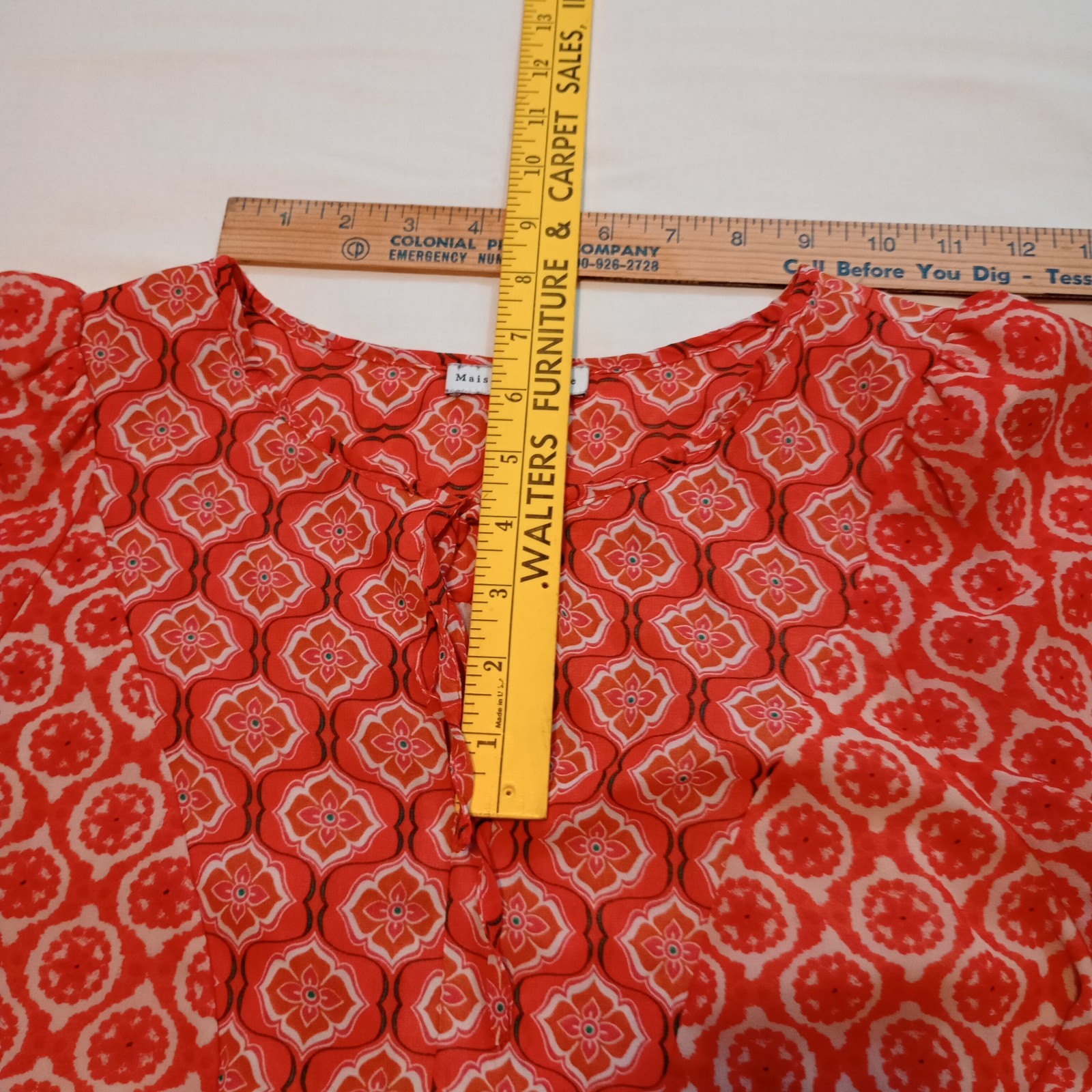 Maison D’Amelie Womens Size L Blouse Lined Chiffon Keyhole Orange Tie Ruffle LNC