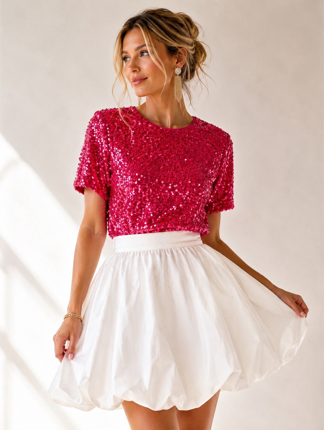 WAYF Pink Sequin Blouse Medium Short Sleeve Sparkle Party Cocktail Top