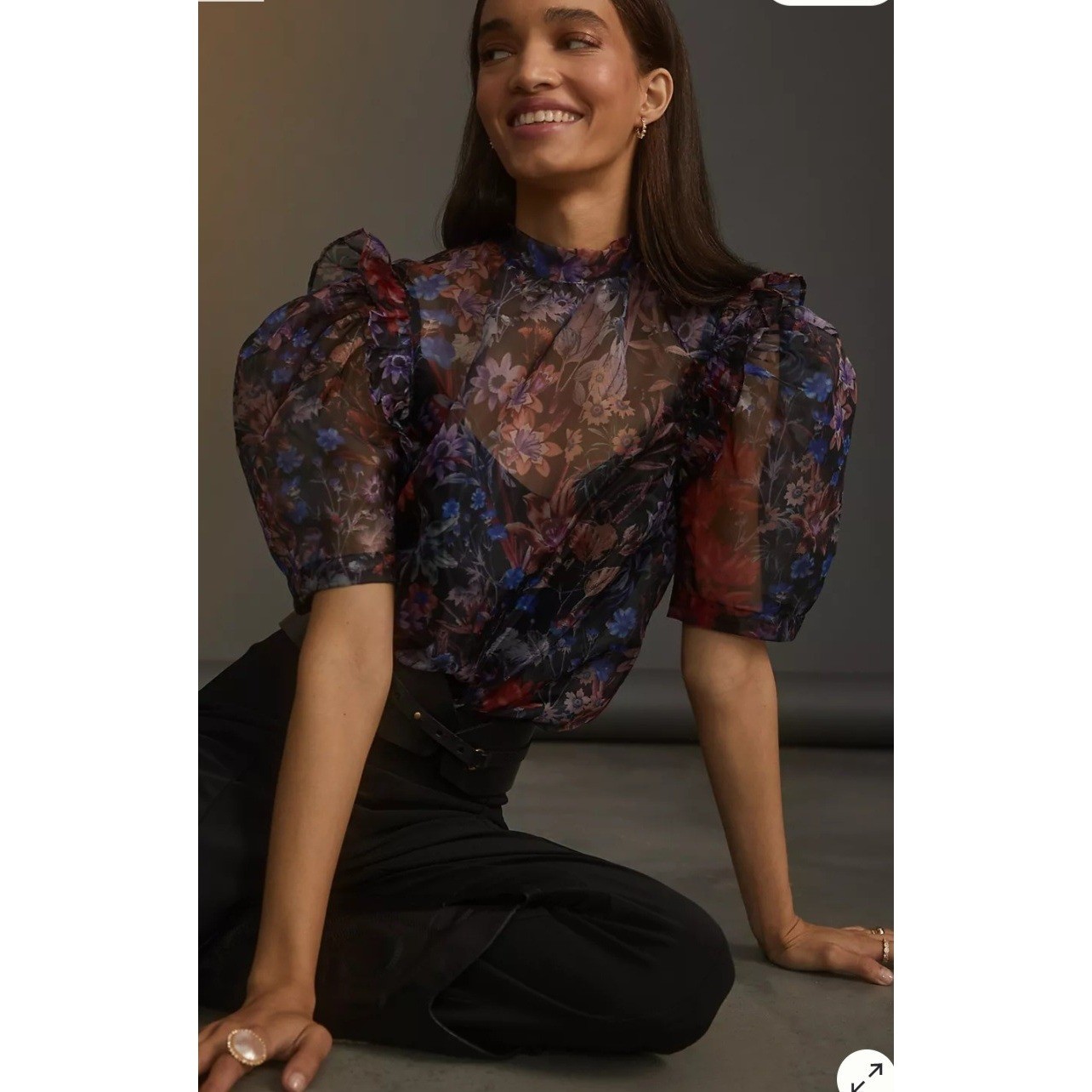 Maeve Anthropologie Floral Sheer Organza Puff Sleeve Tie Back Blouse Whimsigoth