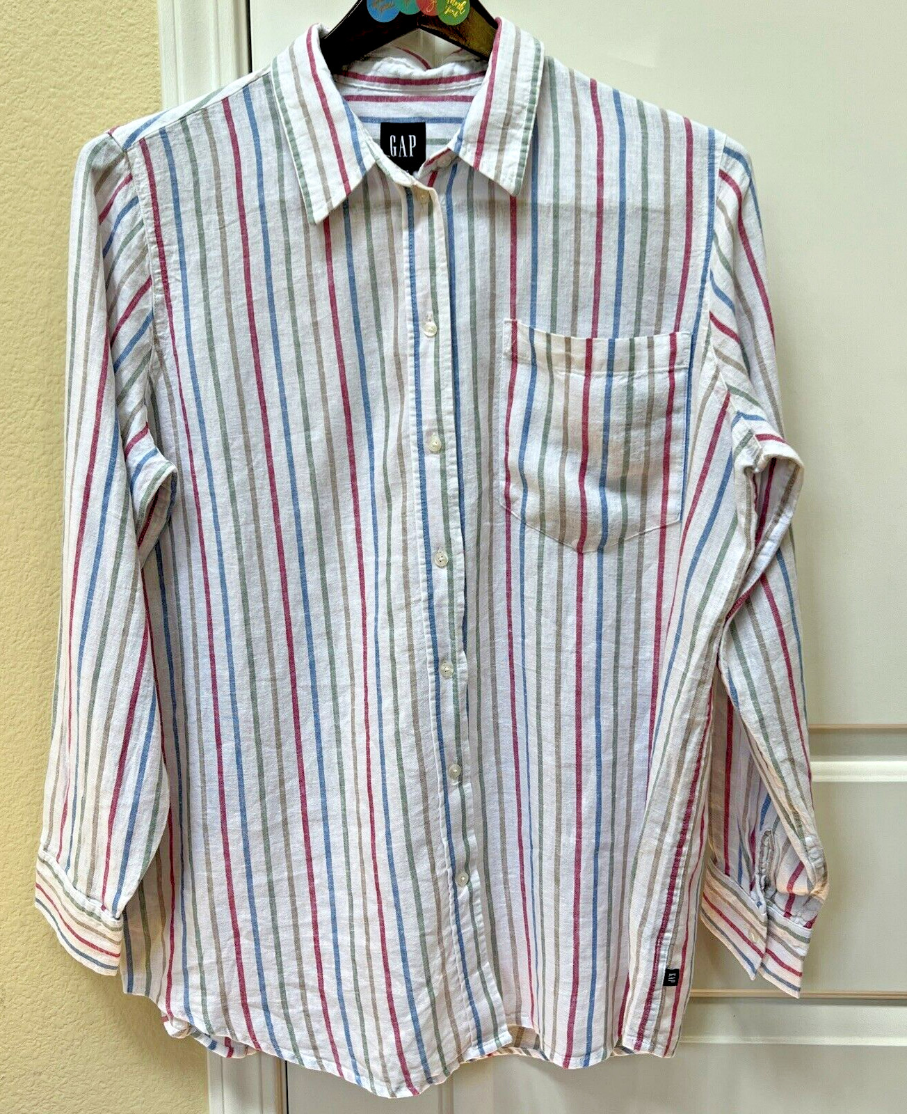 GAP Shirt Women’s Large Long Sleeve Relaxed Fit Linen Collar Buttons Stripe Top