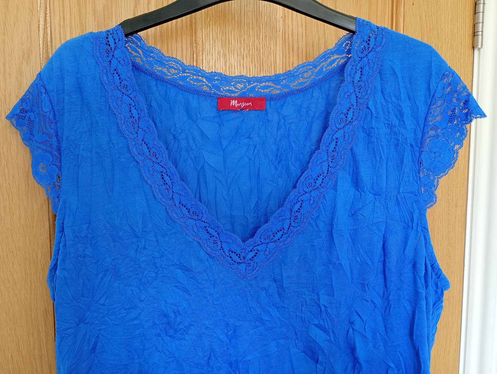Monsoon Rich Blue crinkle lace style V neck top, 14