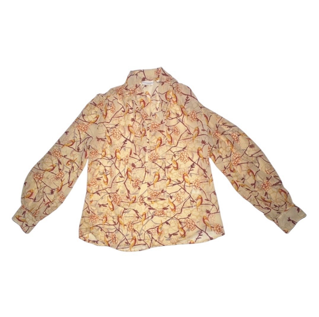 Eva Mendez Collection Orange Yellow Floral Print Pussy Bow Blouse Size M