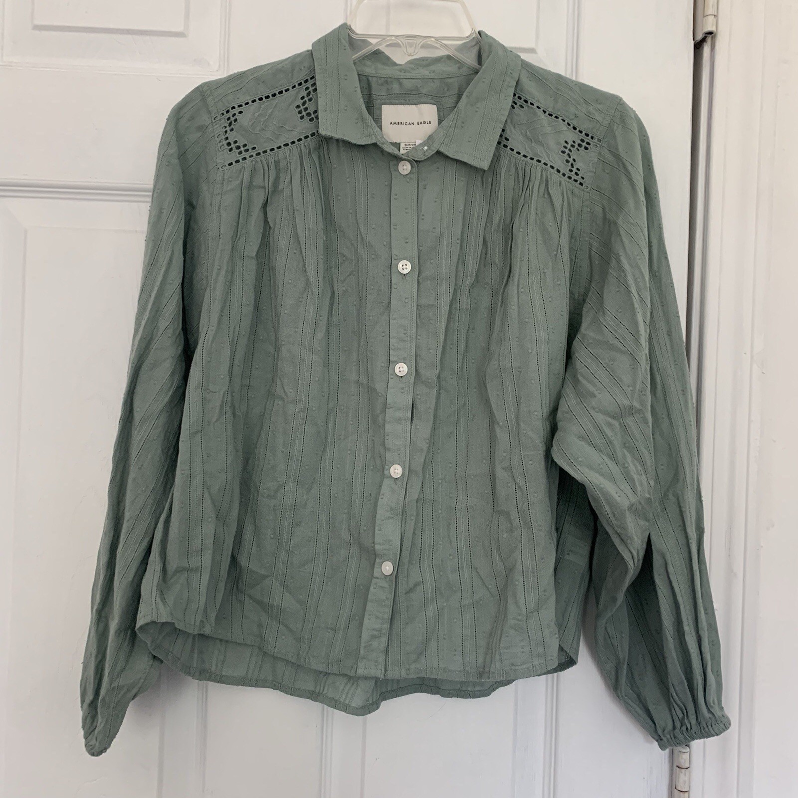 American Eagle Top Womens Small Green Balloon Sleeve Collared Peasant Blouse NWT