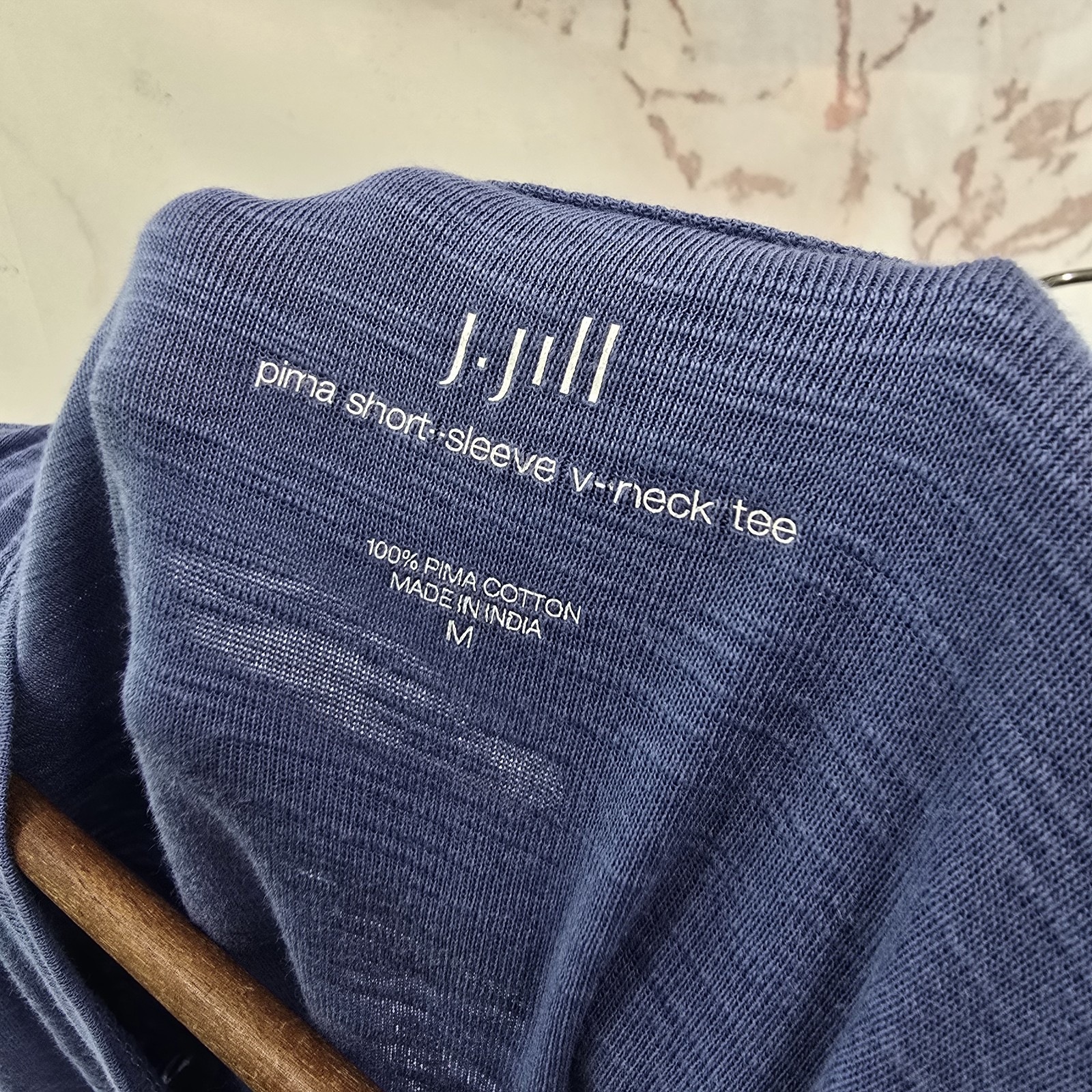 J Jill T Shirt Womens Medium Blue Pima Cotton Short Sleeve V Neck Tee Cuffed