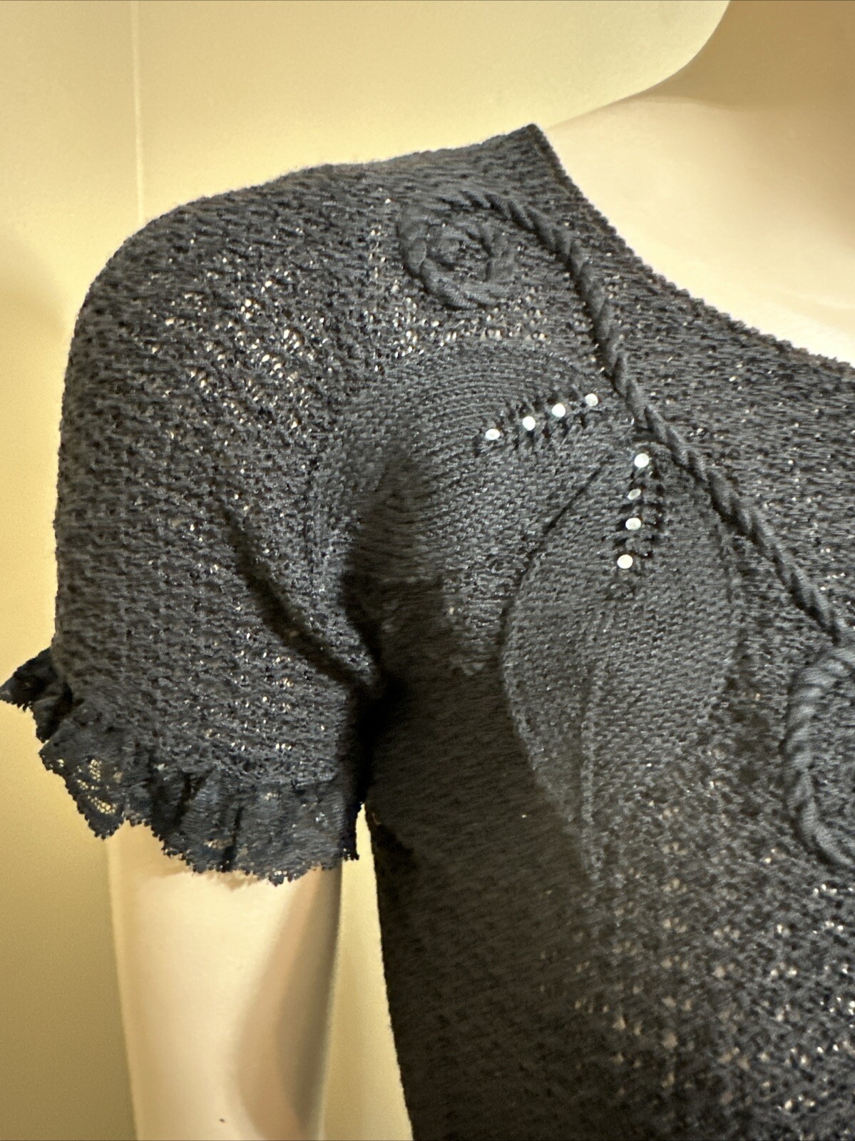 Women’s Black Cotton Crochet Casual Stretch Slim Sheer Lace Beaded One Size Top