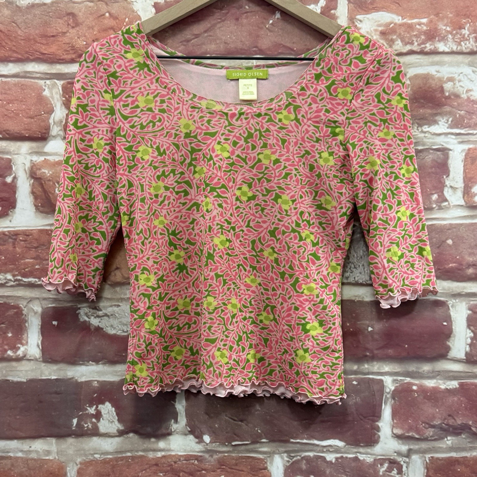 Sigrid Olsen Top Womens Petite Small Pink Floral Nylon Lined Pullover 3/4 Sleeve