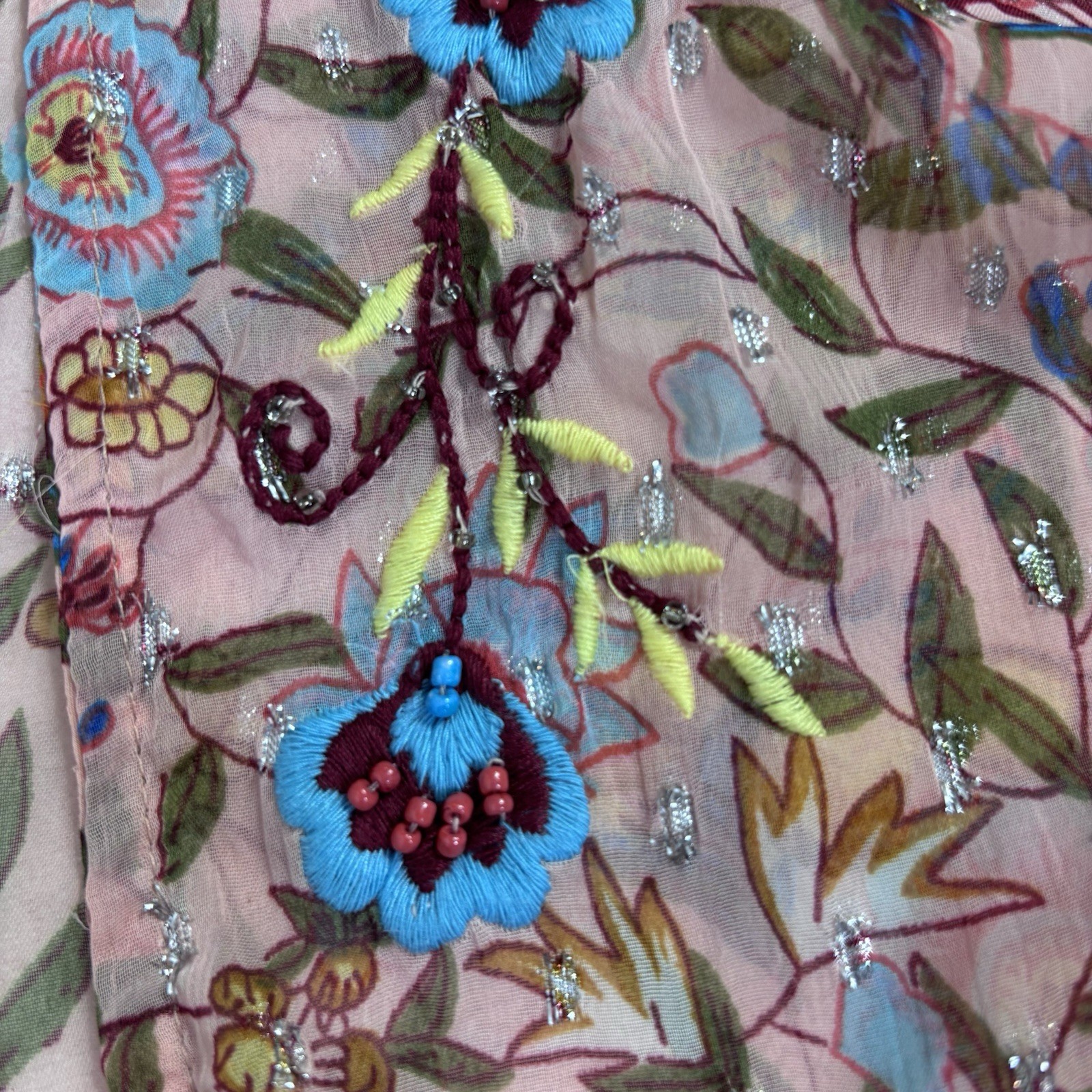 Anthro Bella Shimmer Kimono OS Pink Floral Sheer Beaded Boho Festival Fairy Vaca