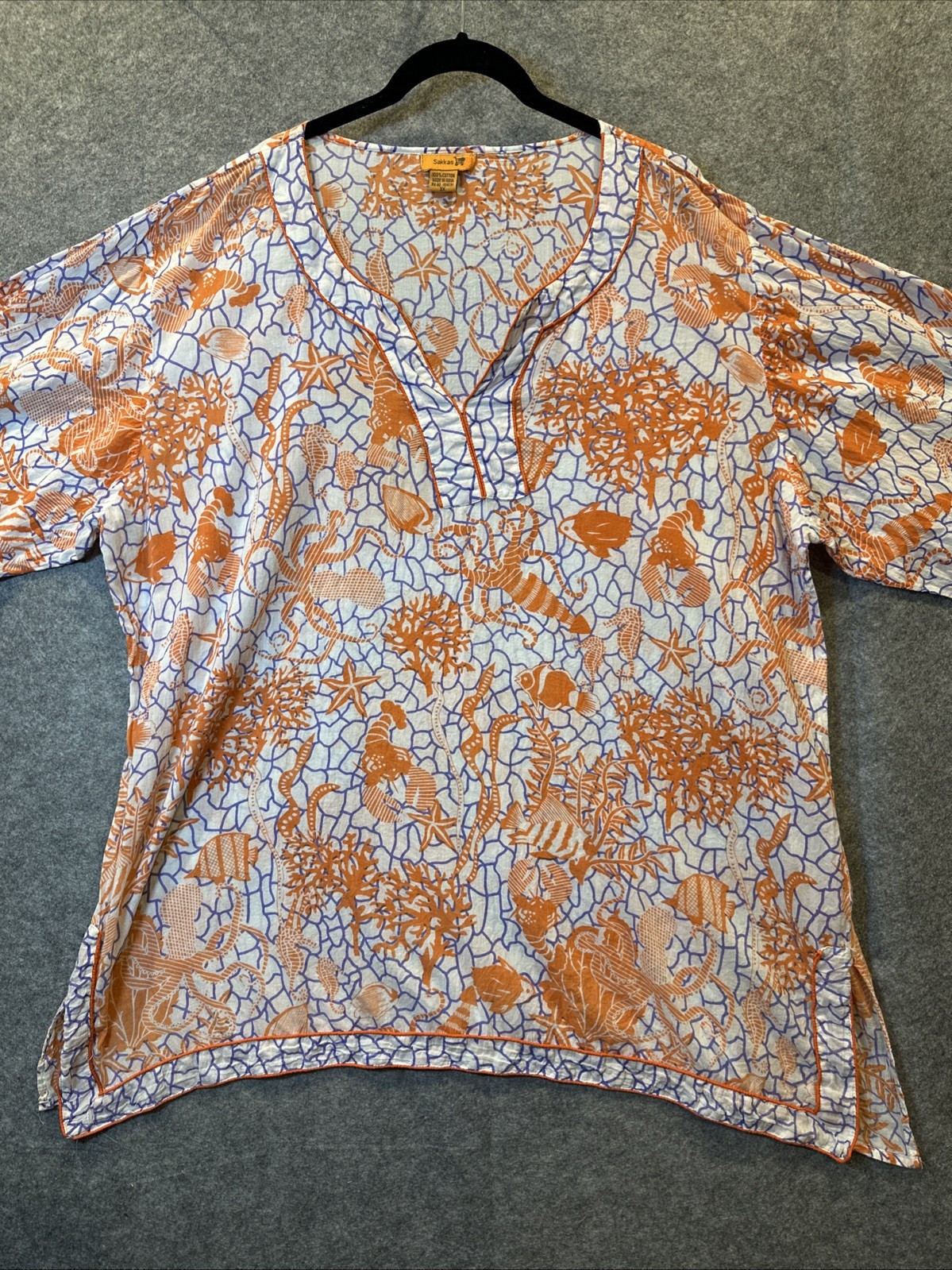 Sakkas Americas Long Sleeve Cotton Tunic Top 3X Orange White Boho Beach Vols
