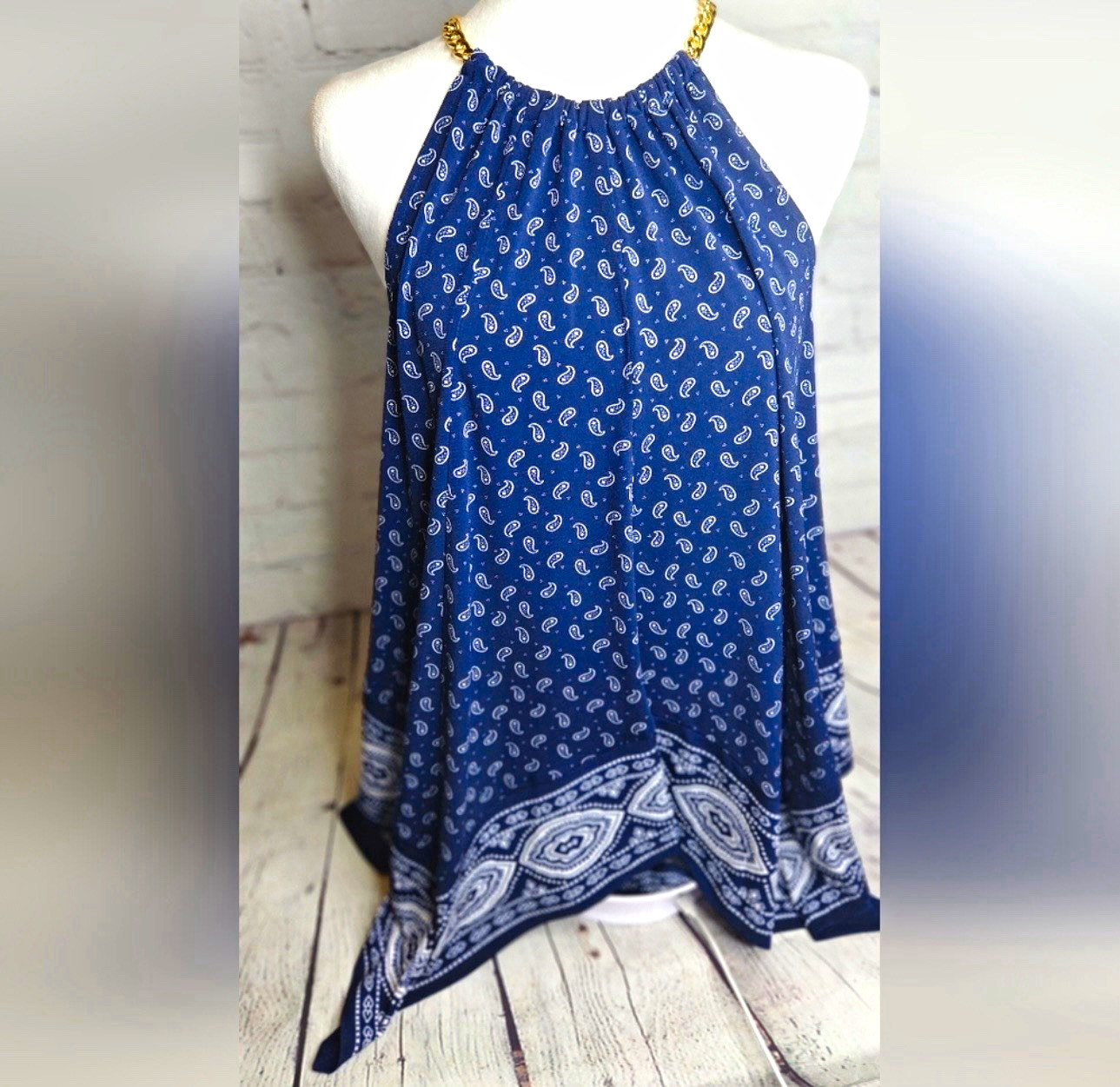 Michael Kors Womens L Blue Paisley Halter Chain Accent Sleeveless Blouse