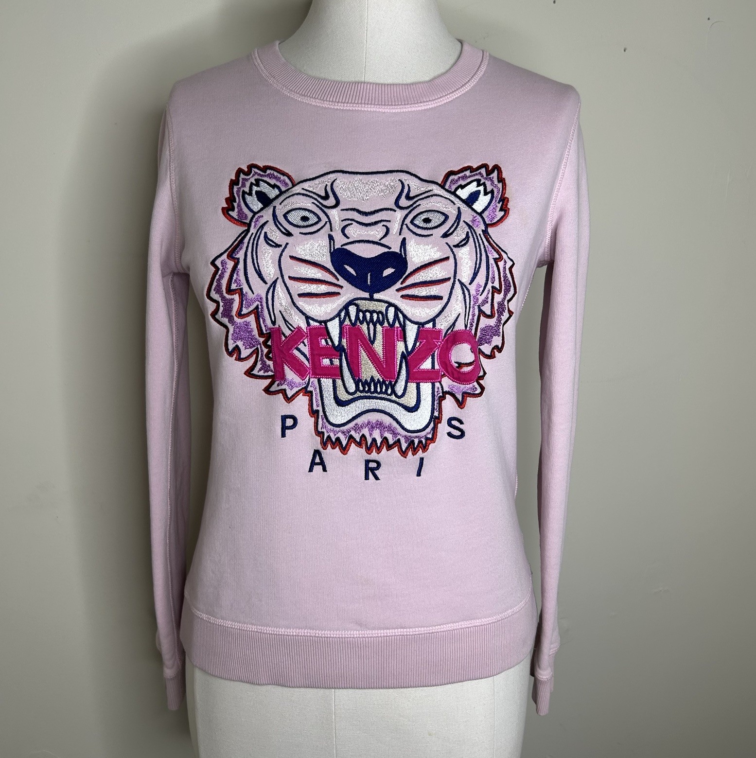 Kenzo Tiger Sweatshirt Womens Small Pink Pastel Embroidered Animal Logo Crewneck