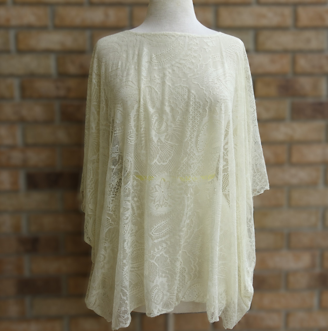 Simonton Says Ivory Nylon Lace Pullover Overlay Top Batwing 2X