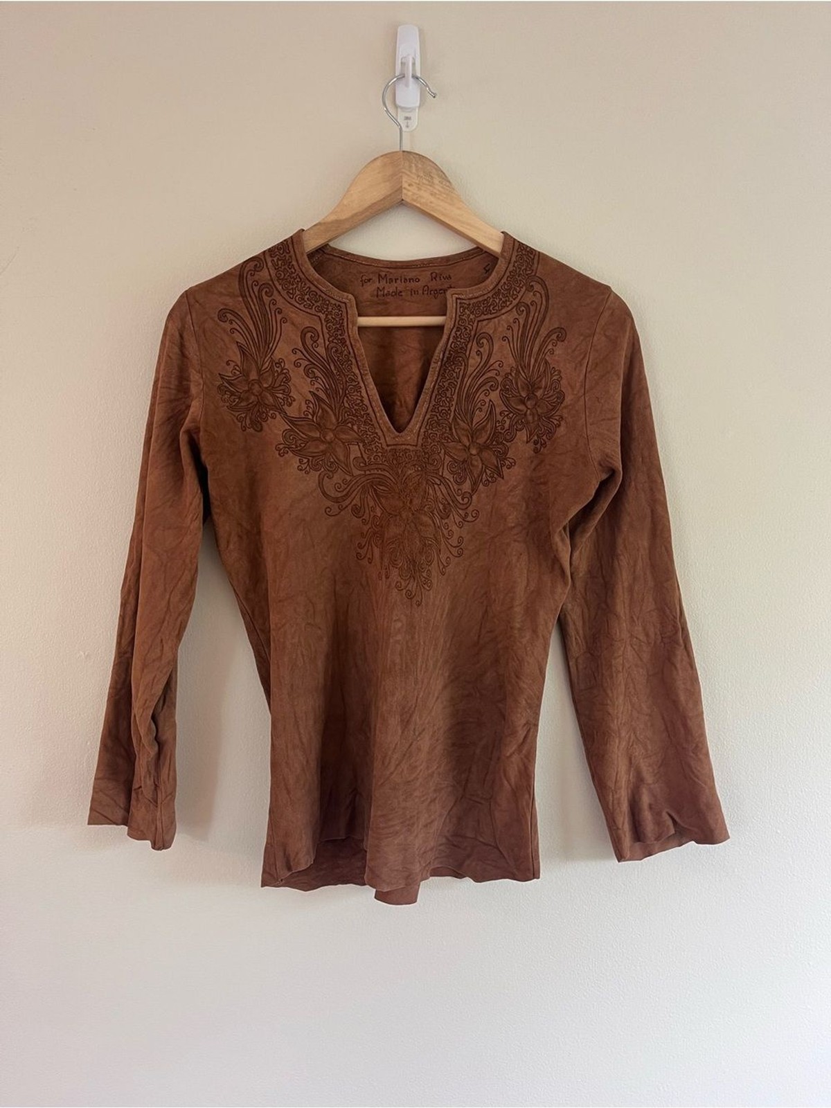 Vintage Women’s Argentine Tooled Suede Floral Pattern Western Shirt Warm Brown