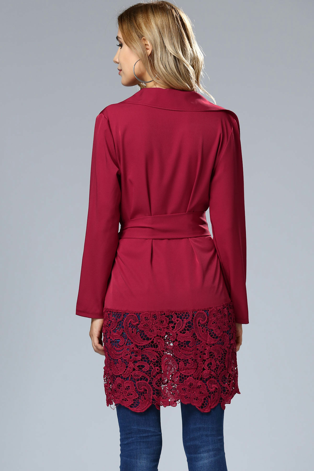 US Women’s Sexy Lace Stitching Loose Coat Belted Autumn Wind Coat Casual Tops