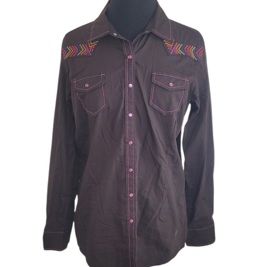Ariat Western Embroidered Pearl Snap Shirt Brown Large