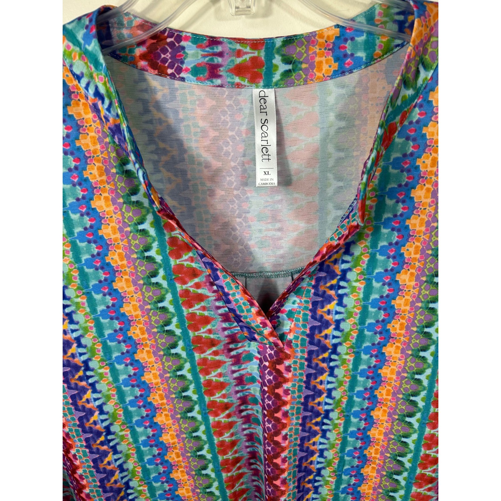 Dear Scarlett Lizzy Top Womens XL Multi Color Ikat Print 3/4 Sleeve Dopamine