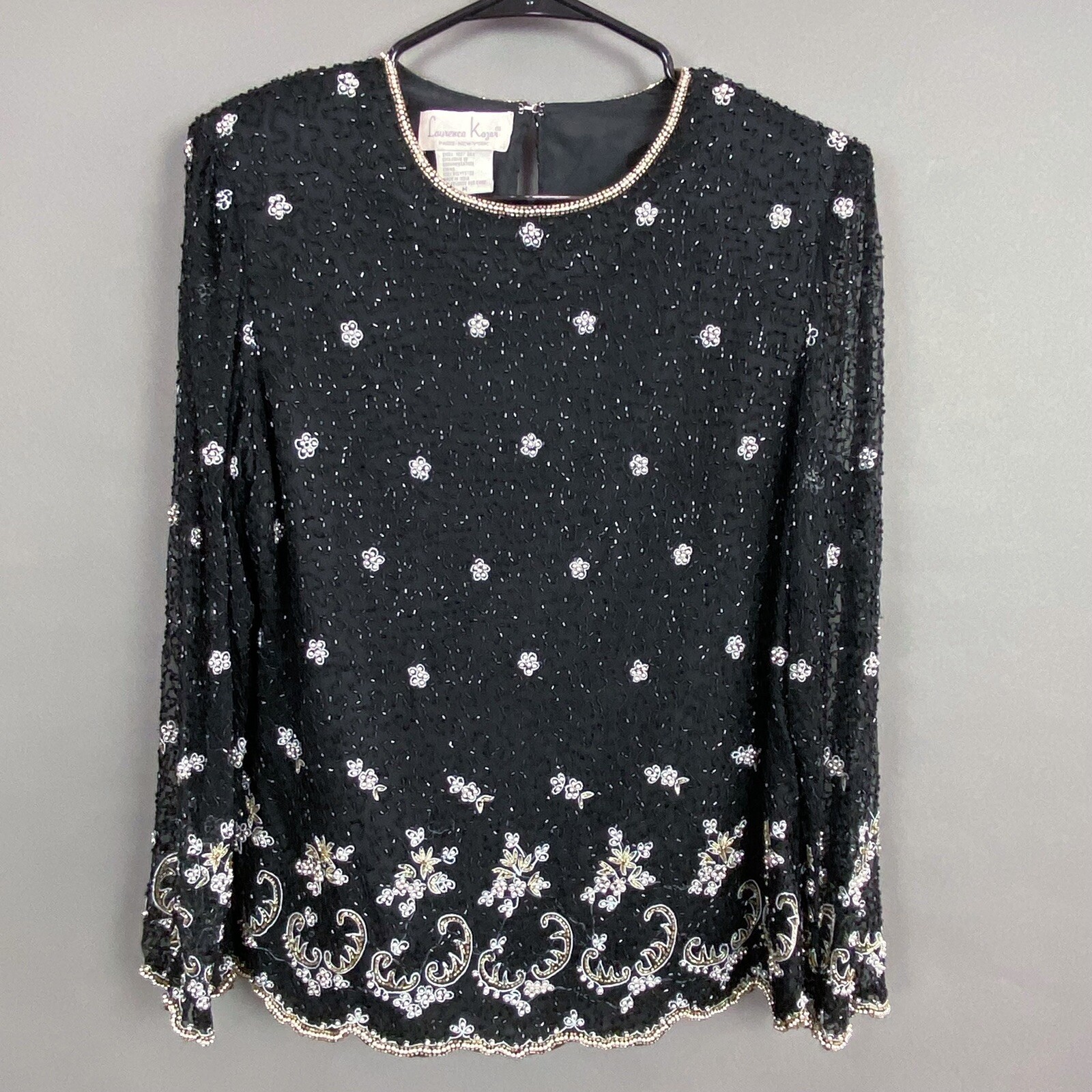 Laurence Kazar Paris New York Black Silver Gold Sequin Silk Blouse Shirt Medium