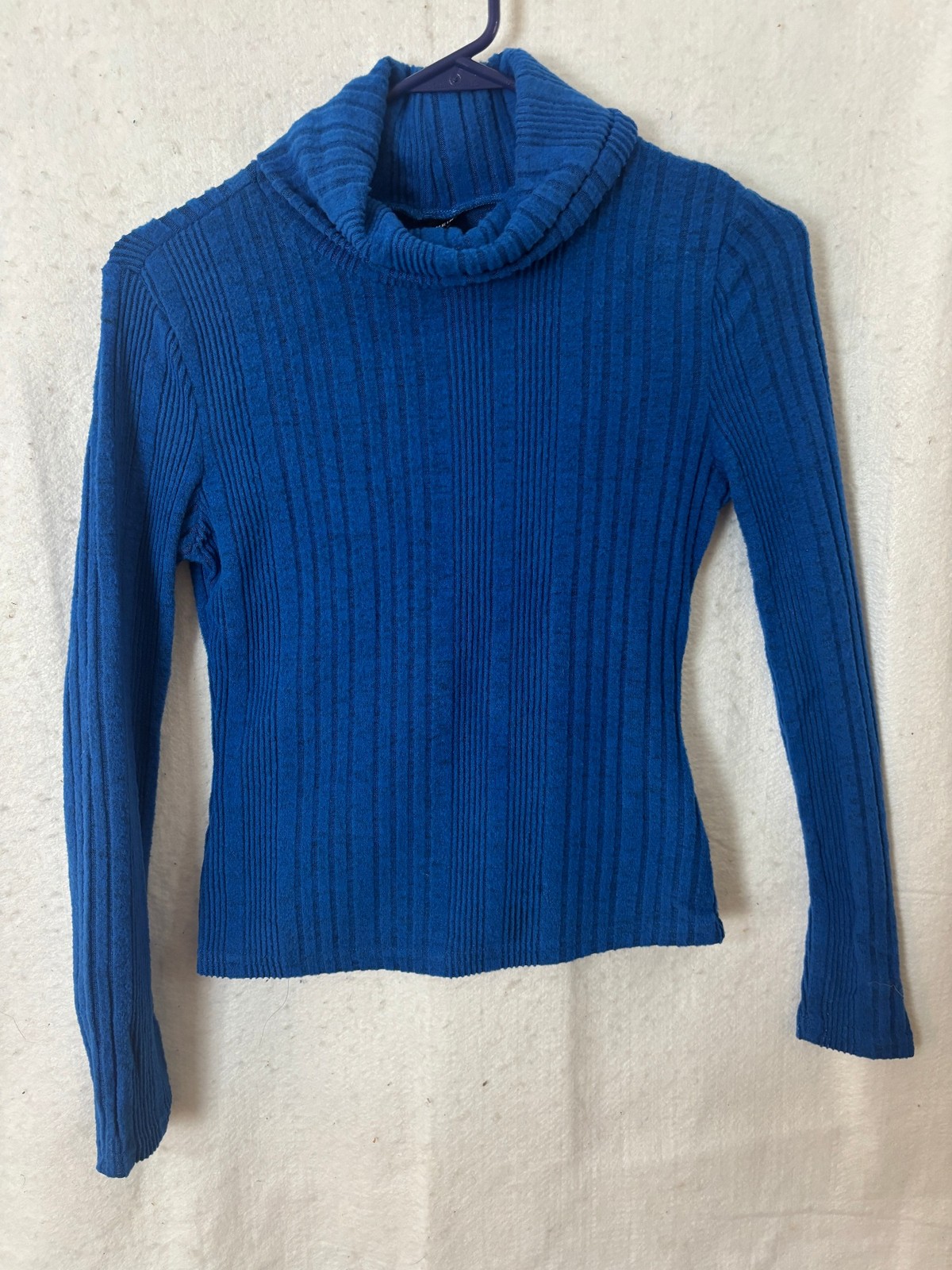 SHEIN Womens Cowl Neck Pullover Top S Royal Blue Ribbed Knit Long Sleeve Stretch