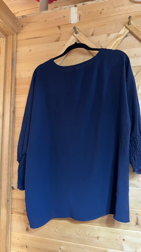 Emery Rose Navy Blue Blouse with Smocked Sleeves