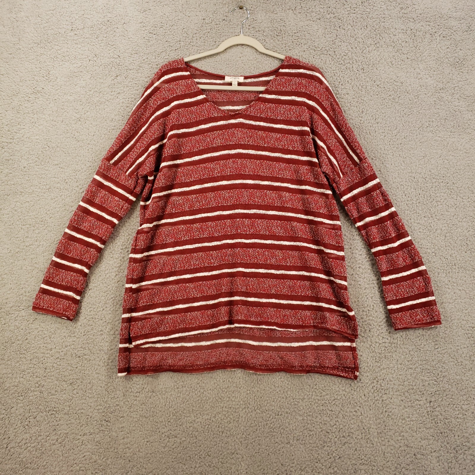 Womens Large Top Red White Striped Mixed Print Knit Speckled Heathered Umgee