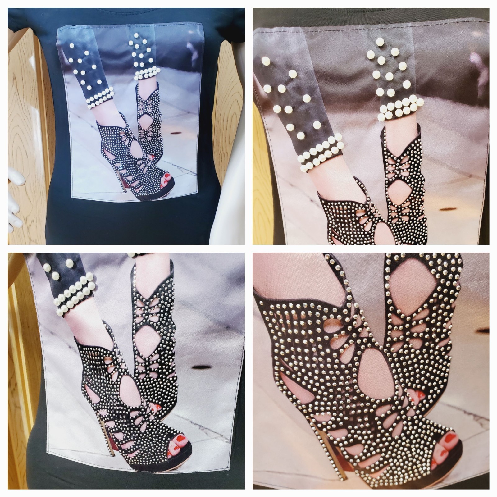 NEW ITZON Fancy Black Heels Design Pearls & Beaded Petite Large