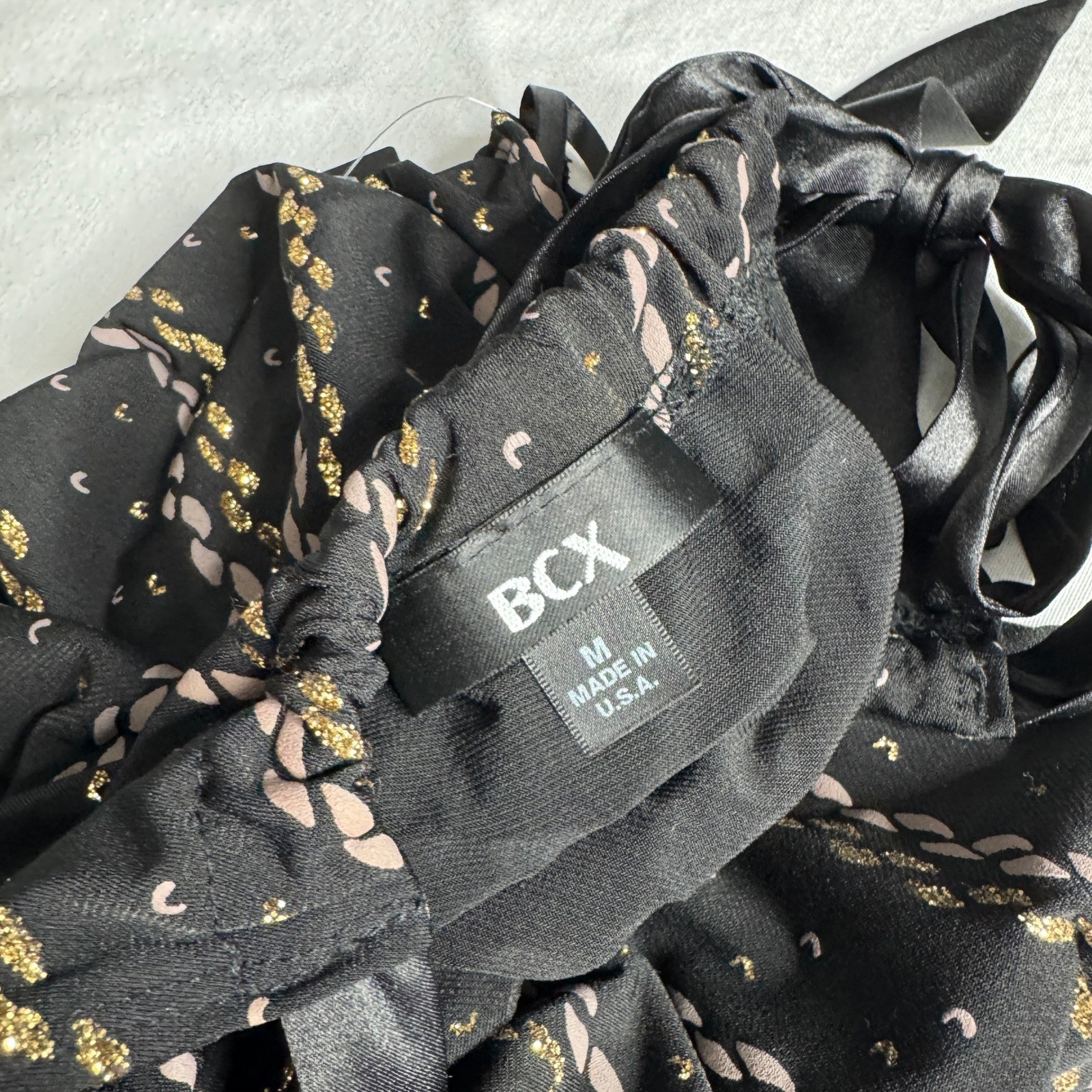 BCX Womens Halter Neck Top Black Gold Glitter Stripe Satin Bow Blouse Medium NEW
