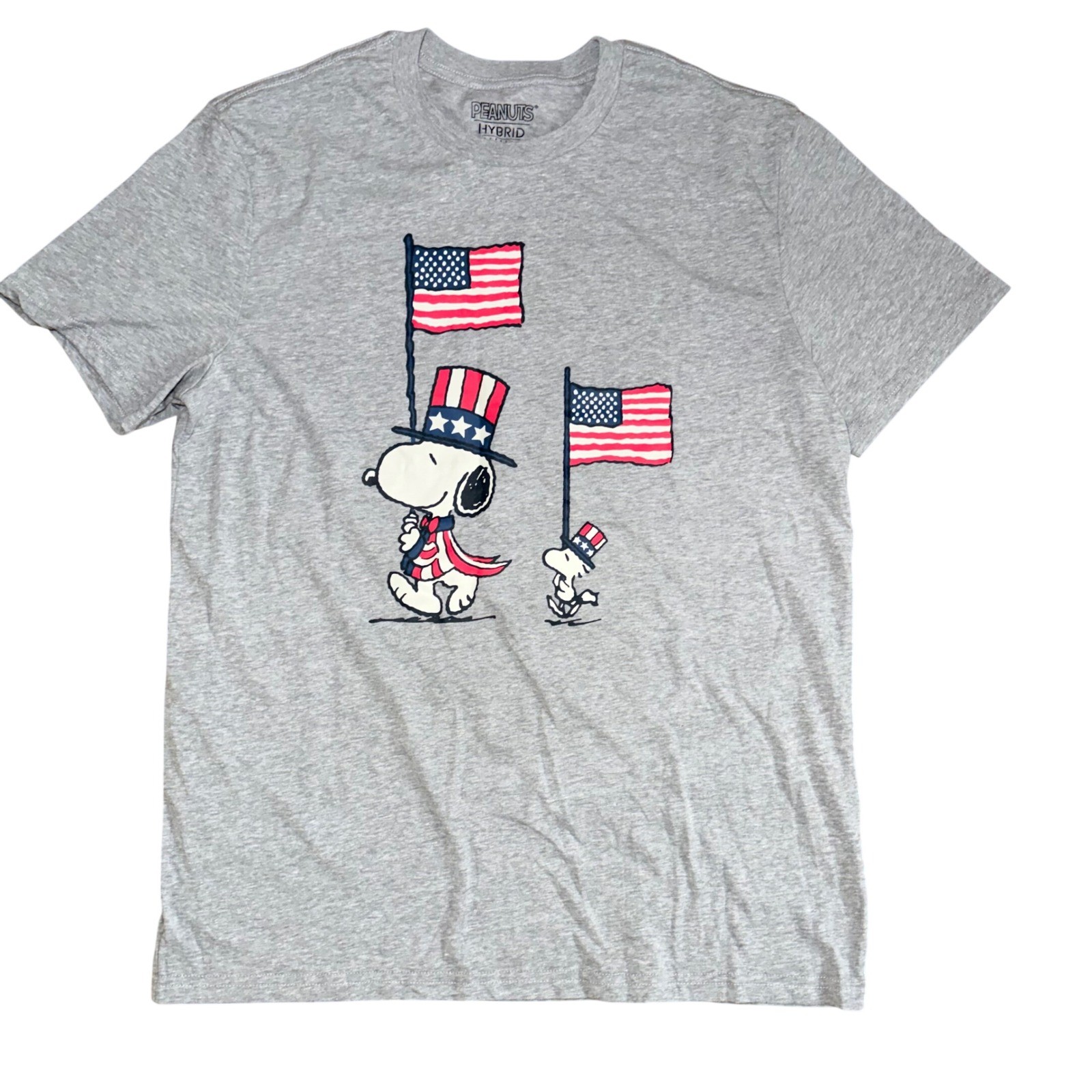 Peanuts Snoopy Woodstock American Flag Graphic T-Shirt Gray Large Patriotic Tee