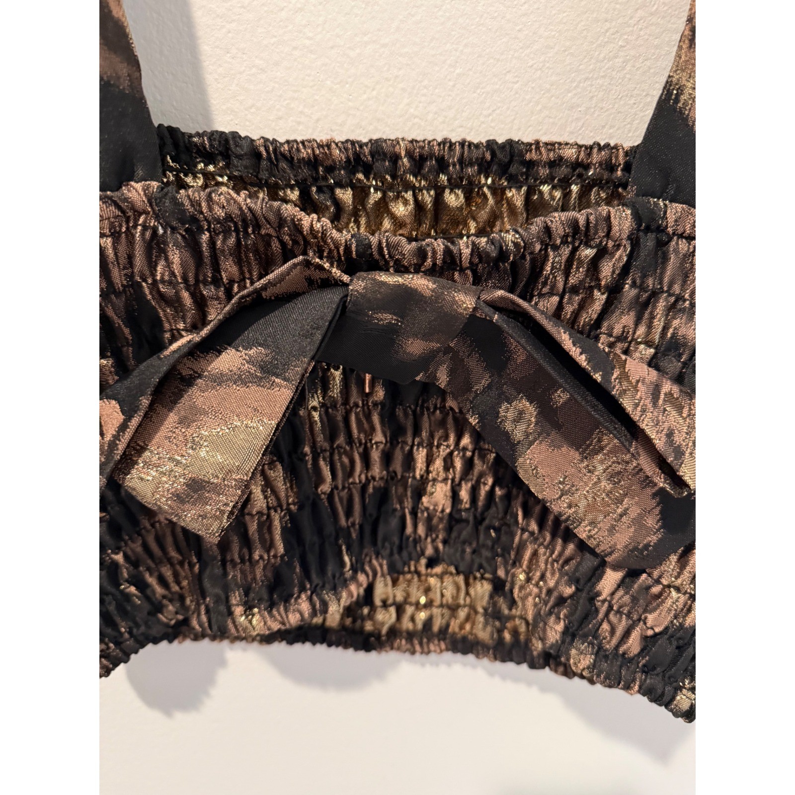 MISA Los Angeles Abelia Metallic Gold Black Smocked Ruffle Crop Top