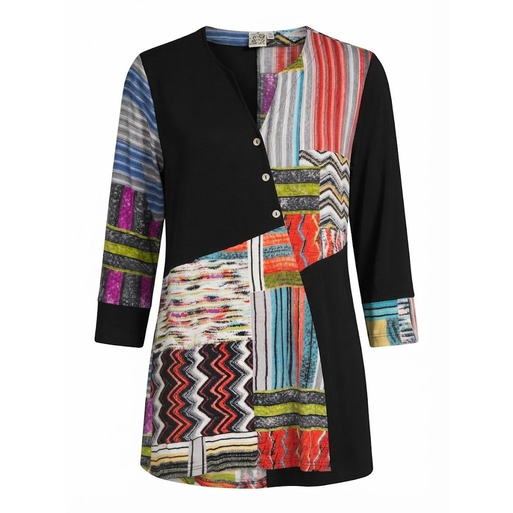 Parsley & Sage Womens XL Black Patchwork Print V-Neck 3/4 Sleeve Tunic Top – IW