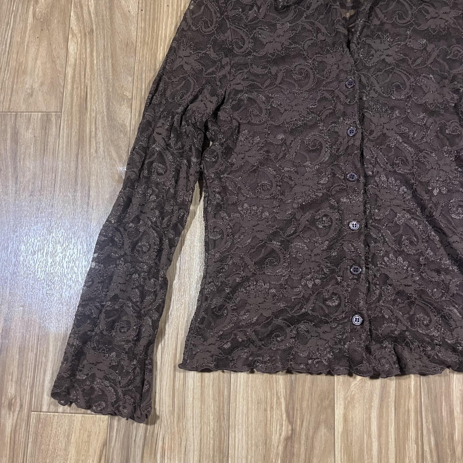 Vintage John Paul Richard Lace Blouse Womens Large Petite Brown Paisley Sheer