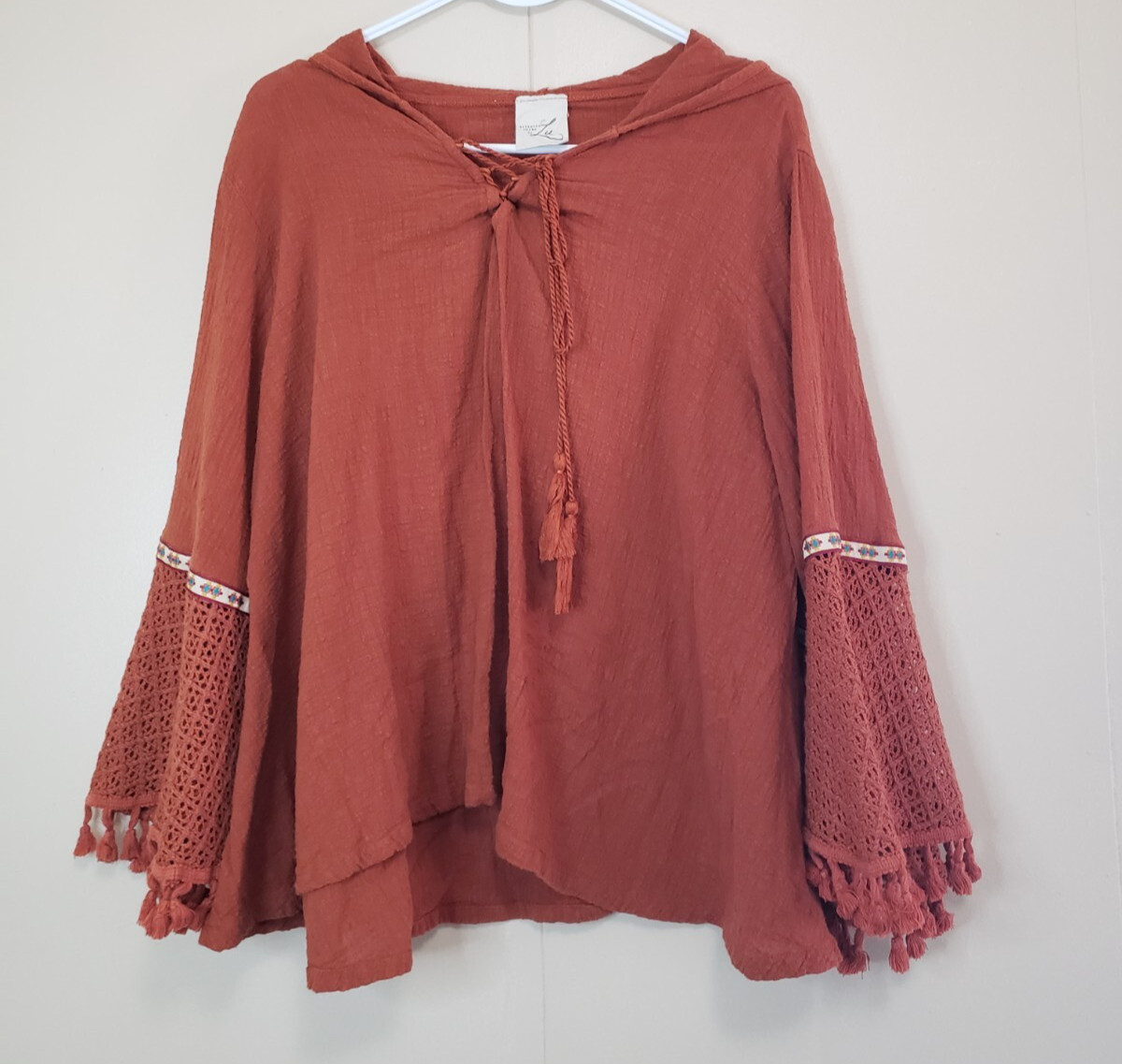 Artistic Works By Lu Womens L Peasant Tunic Orange Tassel Fringe Flare Sleeve