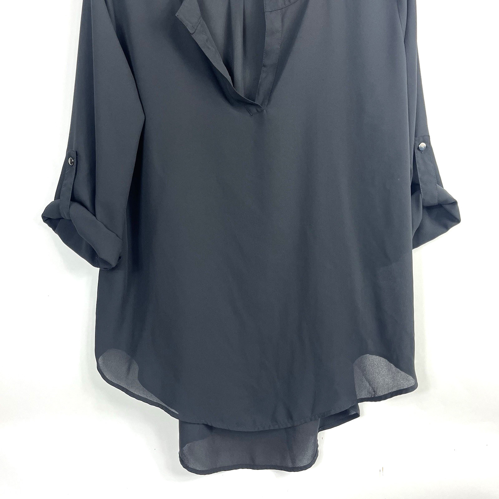 Cato’s Women’s Solid Black Sheer 3/4 Roll Tab Sleeve Blouse Round Split Neck L